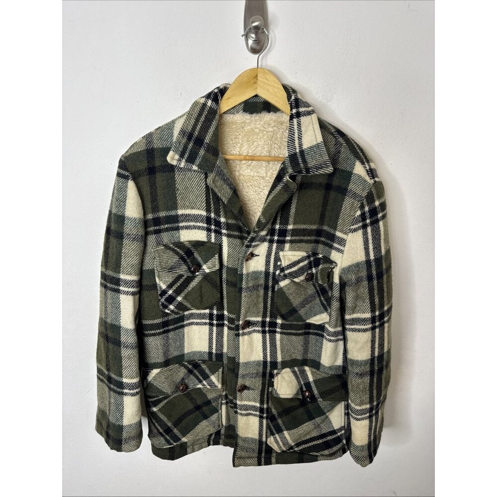 Vintage Wool Green Plaid Shacket Sherpa Lined 70s Thick